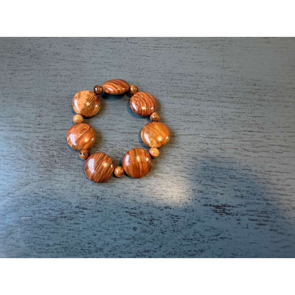 Natural Wood Bead Stretch Bracelet Brown Boho Organic Grain Polished Disc Beads